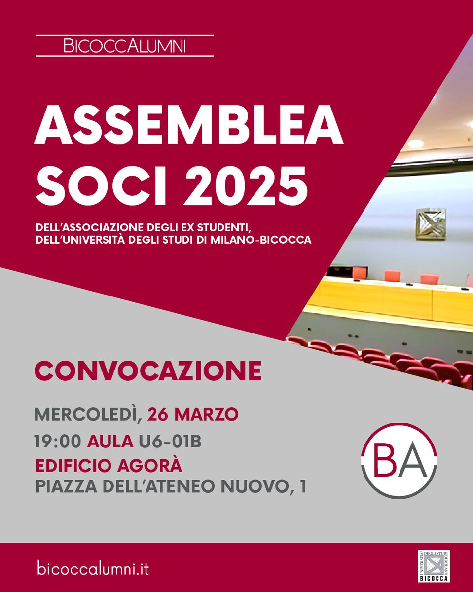 BicoccAlumni (@bicoccalumni) on Twitter photo 📣Tutti i Soci sono invitati a partecipare alla prossima Assemblea di #BicoccAlumni che avrà luogo in data 26 marzo alle ore 19:00 nell' aula U6-01b di <a href="/unimib/">Università degli Studi di Milano-Bicocca</a>.
📝forms.gle/ifBJWfKh1UXGvy…
🍹 Al termine BicoccAlumni offrirà un rinfresco a tutti i soci presenti. 📣Tutti i Soci sono invitati a partecipare alla prossima Assemblea di #BicoccAlumni che avrà luogo in data 26 marzo alle ore 19:00 nell' aula U6-01b di <a href="/unimib/">Università degli Studi di Milano-Bicocca</a>.
📝forms.gle/ifBJWfKh1UXGvy…
🍹 Al termine BicoccAlumni offrirà un rinfresco a tutti i soci presenti.