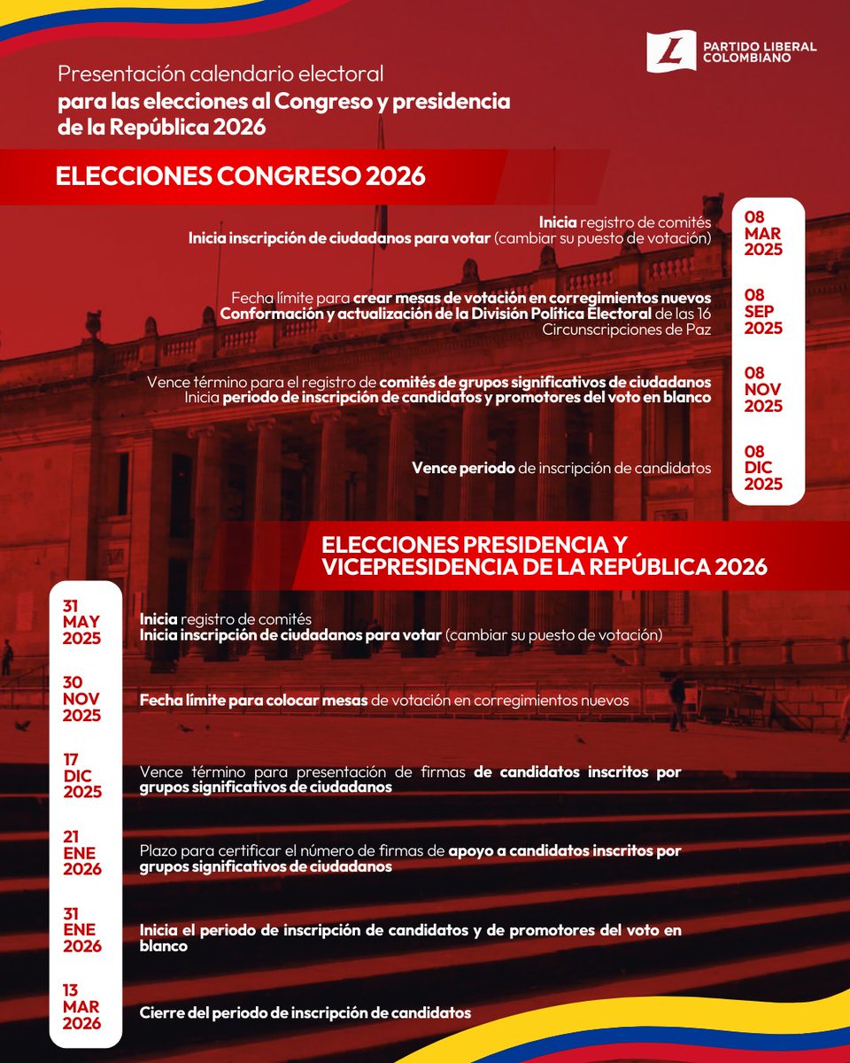 📢 Rumbo a las elecciones 2026 🗳️

El proceso electoral ya está en marcha. <a href="/moecolombia/">MOE</a> ha publicado el Calendario Electoral con las fechas clave para el Congreso y la Presidencia.

📆 Consulta el documento completo aquí 👉 moe.org.co/wp-content/upl…

#IPL #PiensaLiberal #PLC