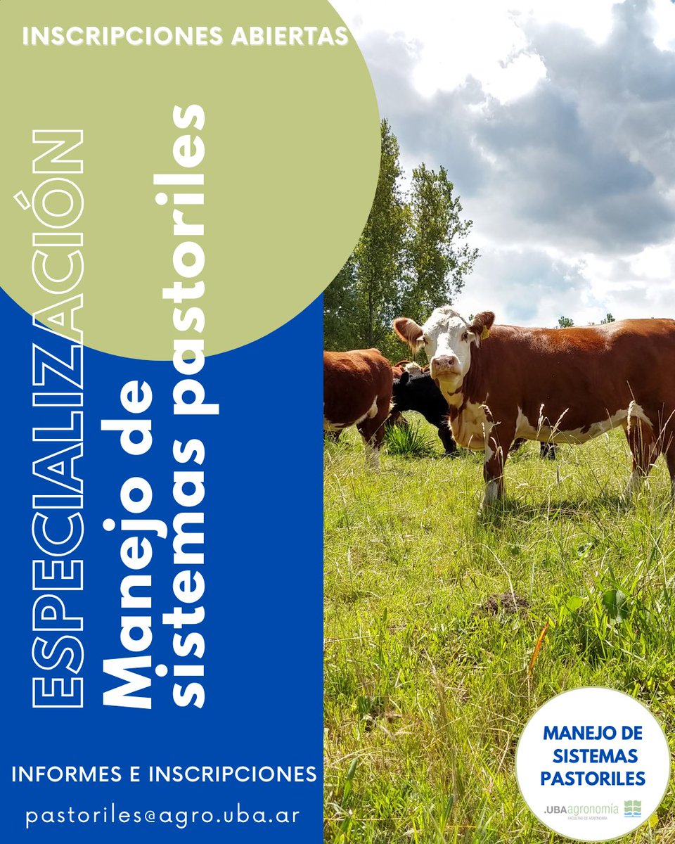 pastoriles_UBA's tweet photo. ¡Nueva edición de la Especialización en Manejo de Sistemas Pastoriles!
📍 Modalidad: A distancia + viajes a campo
📩 Informes/inscripción: pastoriles@agro.uba.ar
📚 Te esperamos en la FAUBA! 🎓 https://t.co/JJM3XICIjk