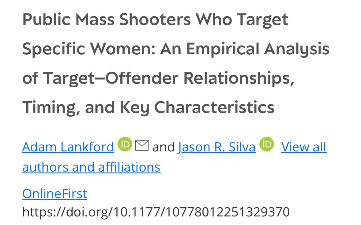 Adam Lankford (@adamwlankford) on Twitter photo Why do some public mass shooters *target specific women* for murder -- before, during, or after their mass attacks?
And which women face the greatest threat?
Our new study in <a href="/VAWJournal/">Violence Against Women Journal</a> provides some answers (linked in replies...) Why do some public mass shooters *target specific women* for murder -- before, during, or after their mass attacks?
And which women face the greatest threat?
Our new study in <a href="/VAWJournal/">Violence Against Women Journal</a> provides some answers (linked in replies...)