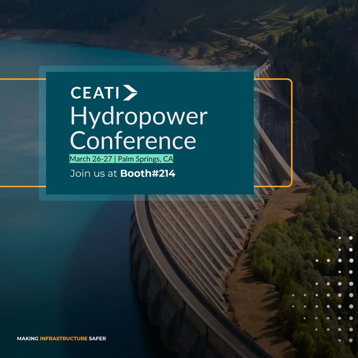Join us at the CEATI Hydropower Conference 2025 in Palm Springs, CA. 
📅 March 25-26, 2025
➡️ Booth#214
📍 Palm Springs, CA, USA
#HydropowerHorizons #DamSafety #CleanEnergy #RenewableEnergy #HydropowerInnovation #DigitalTransformation #AssetManagement