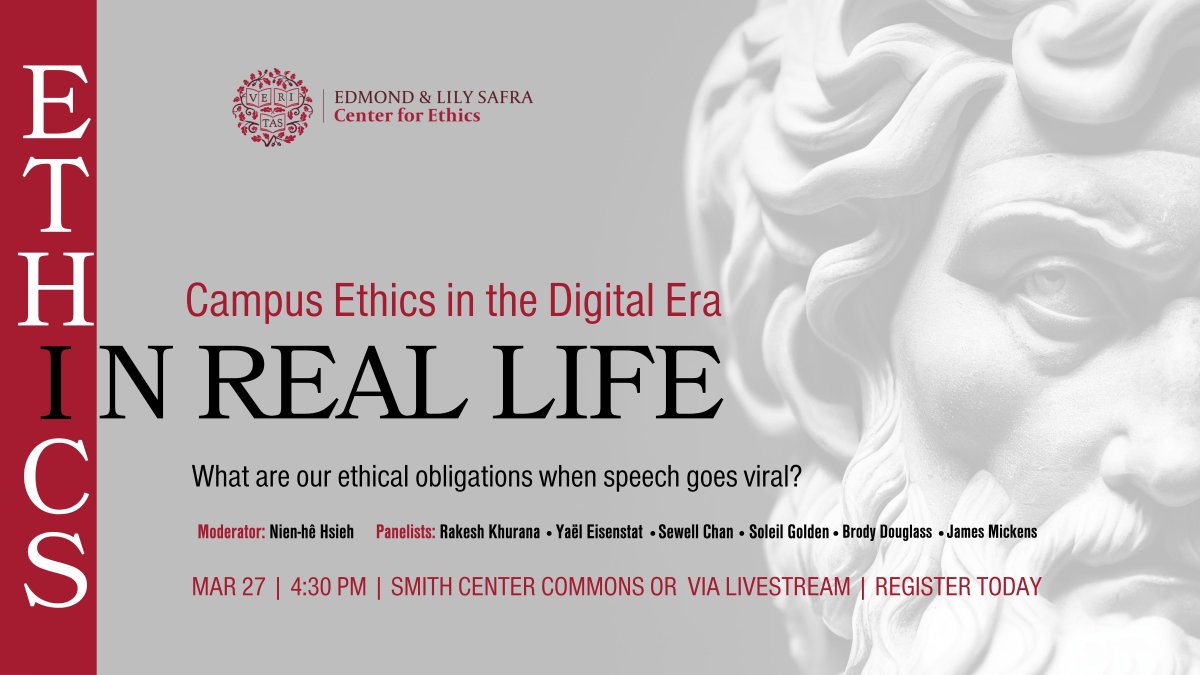 Join us for the first session of Ethics IRL, a new forum by the Edmond &amp; Lily Safra Center for Ethics and the Civil Discourse Initiative, exploring social media's ethical challenges in higher education. March 27, 2025, 4:30-6PM ET. Register here: lp.constantcontactpages.com/ev/reg/bc3kxev…