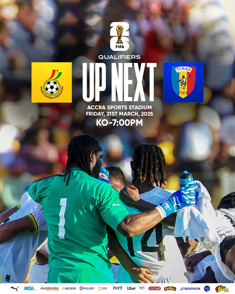 🆙 Up Next! 👊🏾

🇬🇭 Ghana 🆚 Chad 🇹🇩
📍 Accra Sports Stadium 🏟️
🗓️ Friday, 21st March 2025
⏰ 7:00 PM

#BlackStars | #FIFAWCQ