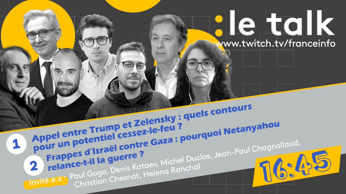 ▶️🖥️
👉 Aujourd’hui dans “le talk” :

« Appel entre Trump et Zelensky : quels contours pour un potentiel cessez-le-feu ? »
<a href="/Paugog/">Paul Gogo</a>, <a href="/deniskataevfr/">Denis Kataev</a> et <a href="/MrjDuclos/">Michel Duclos</a> sont avec <a href="/LudoPauchant/">Ludo Pauchant</a>.

📍 De 17h à 18h sur la chaîne Twitch de <a href="/franceinfo/">franceinfo</a> :
twitch.tv/franceinfo