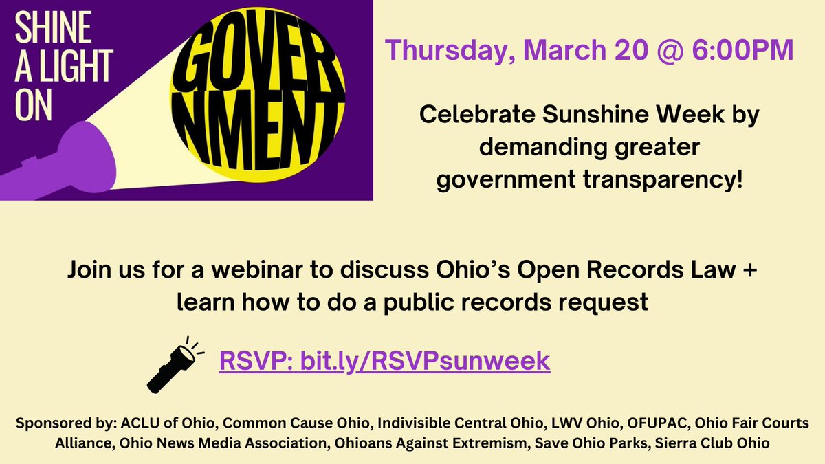 Ohio Fair Courts Alliance (@ohfaircourts) on Twitter photo ☀️ TONIGHT @ 6PM! Join us for a #SunshineWeek webinar. We'll discuss our right to know, OH's Sunshine Law, & attacks on open gov. Panelists include Statehouse reporter WCMH's <a href="/NatalieFahmy/">Natalie Fahmy</a>, attorney Fred Gittes, & former reporter Alan Johnson.
RSVP: bit.ly/RSVPsunweek ☀️ TONIGHT @ 6PM! Join us for a #SunshineWeek webinar. We'll discuss our right to know, OH's Sunshine Law, & attacks on open gov. Panelists include Statehouse reporter WCMH's <a href="/NatalieFahmy/">Natalie Fahmy</a>, attorney Fred Gittes, & former reporter Alan Johnson.
RSVP: bit.ly/RSVPsunweek