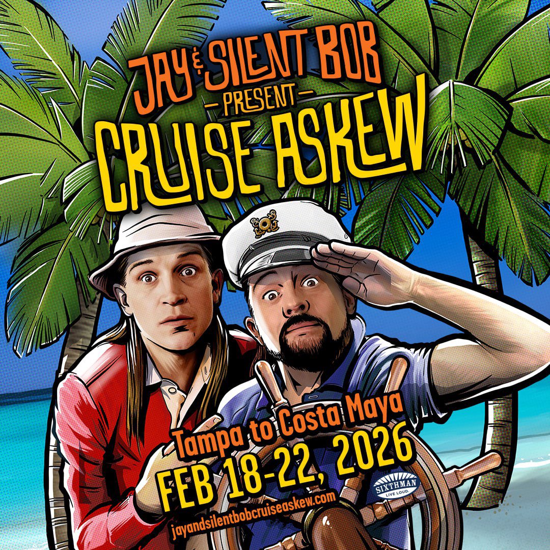 JayMewes's tweet photo. Cruise Askew Strikes Back! We are back at sea for Jay & Silent Bob’s Cruise Askew 2 February 18-22, 2026! We’re bringing tons of friends, old and new, to join us on this 4-day adventure from Tampa to Costa Maya, Mexico! Join us for podcast tapings, script readings, Q&A Panels and so much more! Head to https://t.co/SgJGlPjazz to join the pre-sale now!