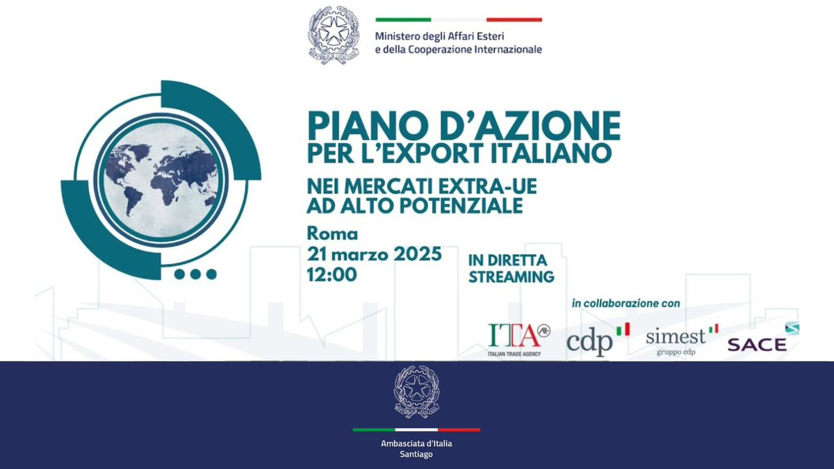 📢Venerdì 21 marzo 2025🕗8:00 (GMT -3), il Vice PdC e Min. degli Esteri Antonio Tajani presiederà incontro di presentazione del “Piano d’azione per l’export italiano nei mercati extra-UE ad alto potenziale”, di cui il Cile 🇨🇱 fa parte! Segui streaming⬇️ youtube.com/live/uAduKk-5W…