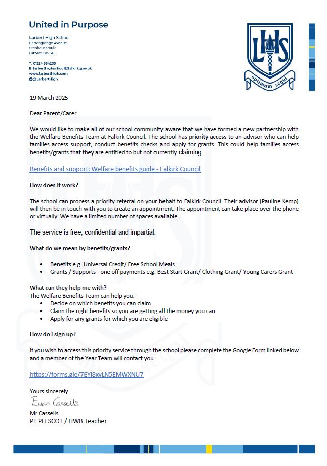 Information  below regarding our new Partnership with Welfare Benefits Team at Falkirk Council.