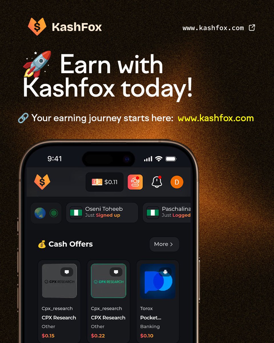 kashfoxapp's tweet photo. Instead of just scrolling, use your phone to earn real cash with Kashfox—complete tasks, take surveys &amp; get paid. No waiting, just instant earnings! 🔥

🚀 Start now! 👉 https://t.co/746YyKbmdF

#ElonMusk Debo #TolakRUUTNI Rivers #TimnasDay https://t.co/ZSZ7gMbrup