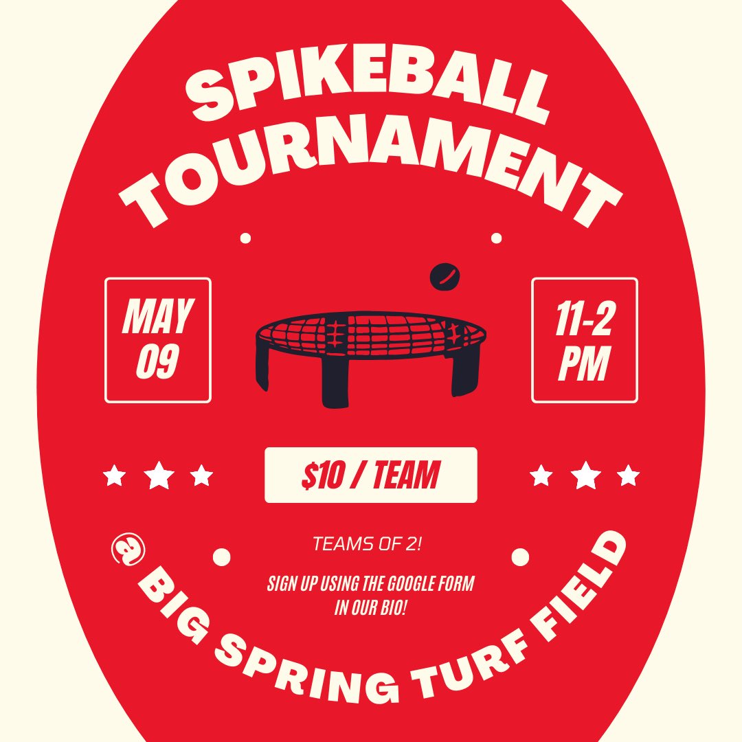 Sign up for our spike ball tournament happening May 9th from 11-2 PM at the turf field! Sign up using the link below or Google form in our bio! $10 a team ($5 per person) &amp; teams of 2 people only! docs.google.com/forms/d/e/1FAI…
