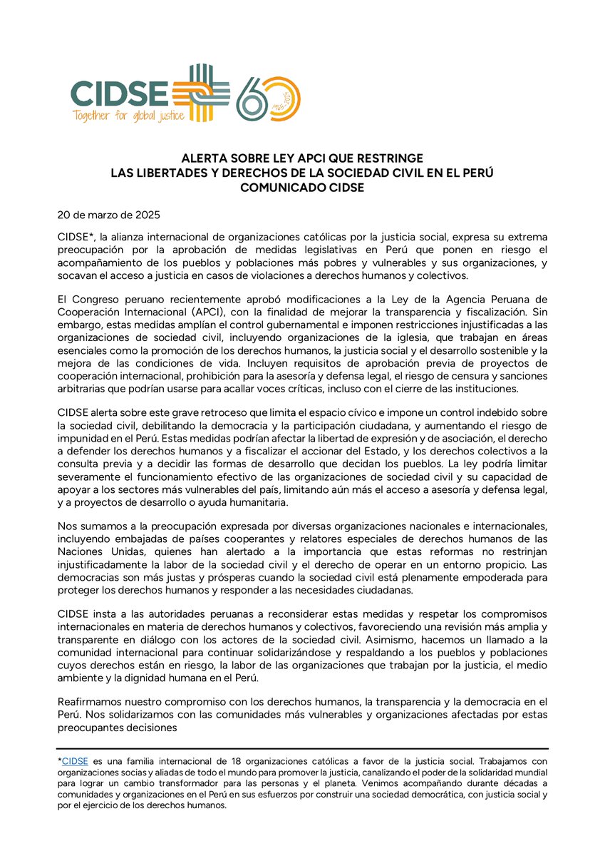 🔴<a href="/CIDSE/">CIDSE</a> expresa su preocupación por modificaciones a la #LeyAPCI, advirtiendo que restringe la labor de las organizaciones de sociedad civil, debilitando la defensa de la democracia.

Además, se solidariza con las comunidades más vulnerables que se ven afectadas por la medida.
