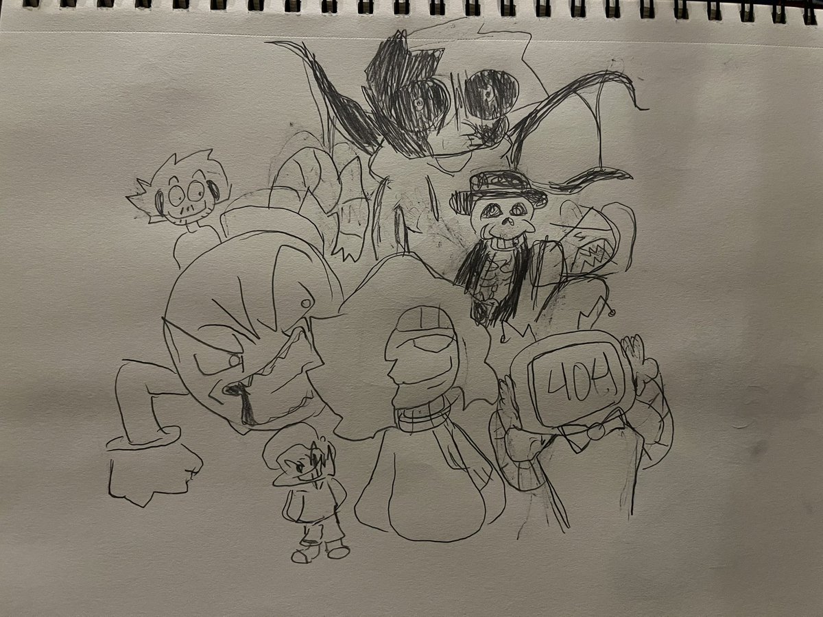 VerdantEMER's tweet photo. Drew some art(not the best but I’ll fix it eventually) 
Characters:
Me/Mustard Man - @EddsCreepyFNF 
Will - @CCSHOWDOWNREAL 
John Doe - Hello John Doe
Nightmare Edd - @EddsCreepyFNF 
MrStupi - @MrStupi_ 
VT - @Hyperfunk024 
Skevarus - @VerdantEMER 
Boom - @VerdantEMER https://t.co/G8mtLwK7HO