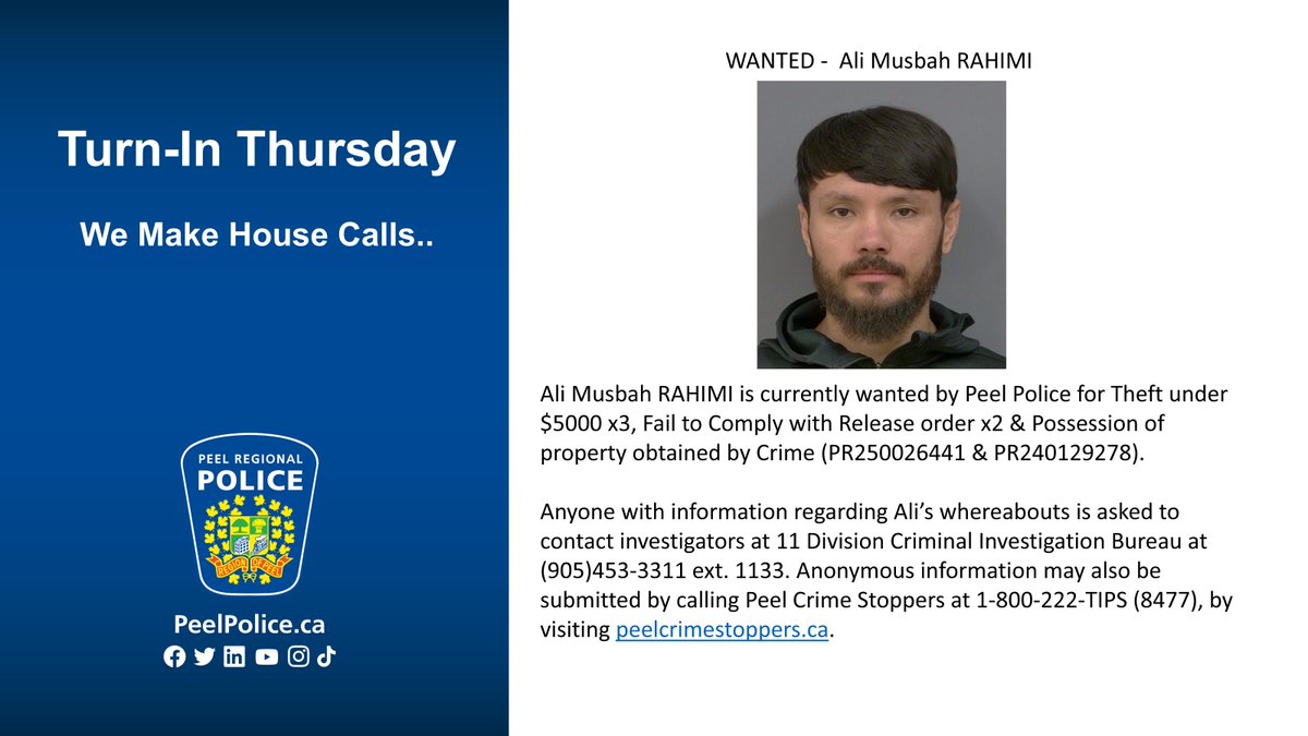 🚨 #TurnInThusday 🚨
Got a knack for stealing? Ali RAHIMI does — but it’s time to stop running!
Wanted for theft, possession of stolen goods, and not following release orders.
Know where they’re hiding? Help us find him!
#WantedWednesday #TurnInThursday #NotSoSmoothCriminal