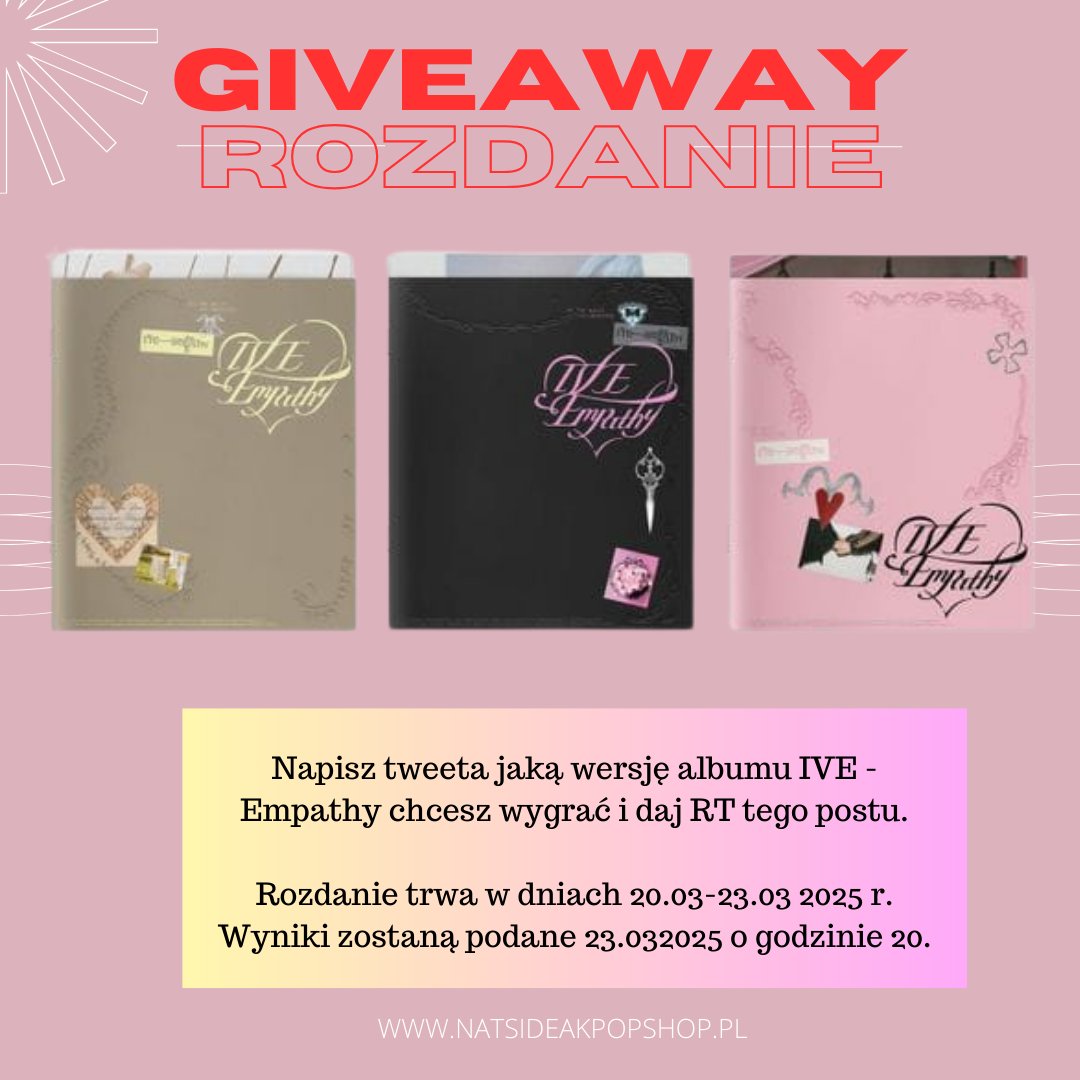 natsideakpop's tweet photo. ROZDANIE 🌸 Mamy dla Was szybkie rozdanie z okazji nadejścia wiosny! Napisz w tweecie pod spodem, jaką wersję albumu IVE - Empathy chcesz wygrać i daj RT.

Zgłoszenia przyjmujemy do 23.03.25 r. godziny 19:59. Wyniki o godzinie 20.

#Giveaway #rozdanie #IVE #IVE_EMPATHY https://t.co/igoOrj4VhL