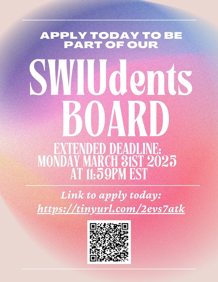 🚨 Last Chance! 🚨

The SWIUdents Board Application deadline has been extended to Monday, March 31st, at 11:59 PM EST! ⏳

Don't miss this incredible opportunity to get more involved—apply now! 👇

🔗 SWIUdents Board Application: forms.gle/Lcq8wJfuKSbVjg…