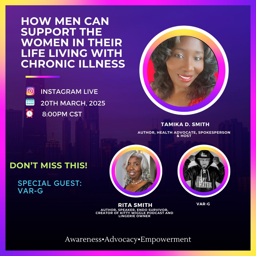 #WeNeedMen JOIN US THIS EVENING WITH SPECIAL GUEST VAR-G VIA INSTAGRAM LIVE!! #Endometriosis #Lupus #ChronicIllness #WomensHealth 

🔗 instagram.com/tamikad_smith?…