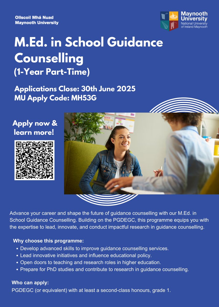 M.Ed. in School Guidance Counselling (1-Year Part-Time)  Are you interested in advancing your career &amp; shaping the future of guidance counselling?Would you like to develop advanced skills, lead innovation &amp; prepare for PhD studies?