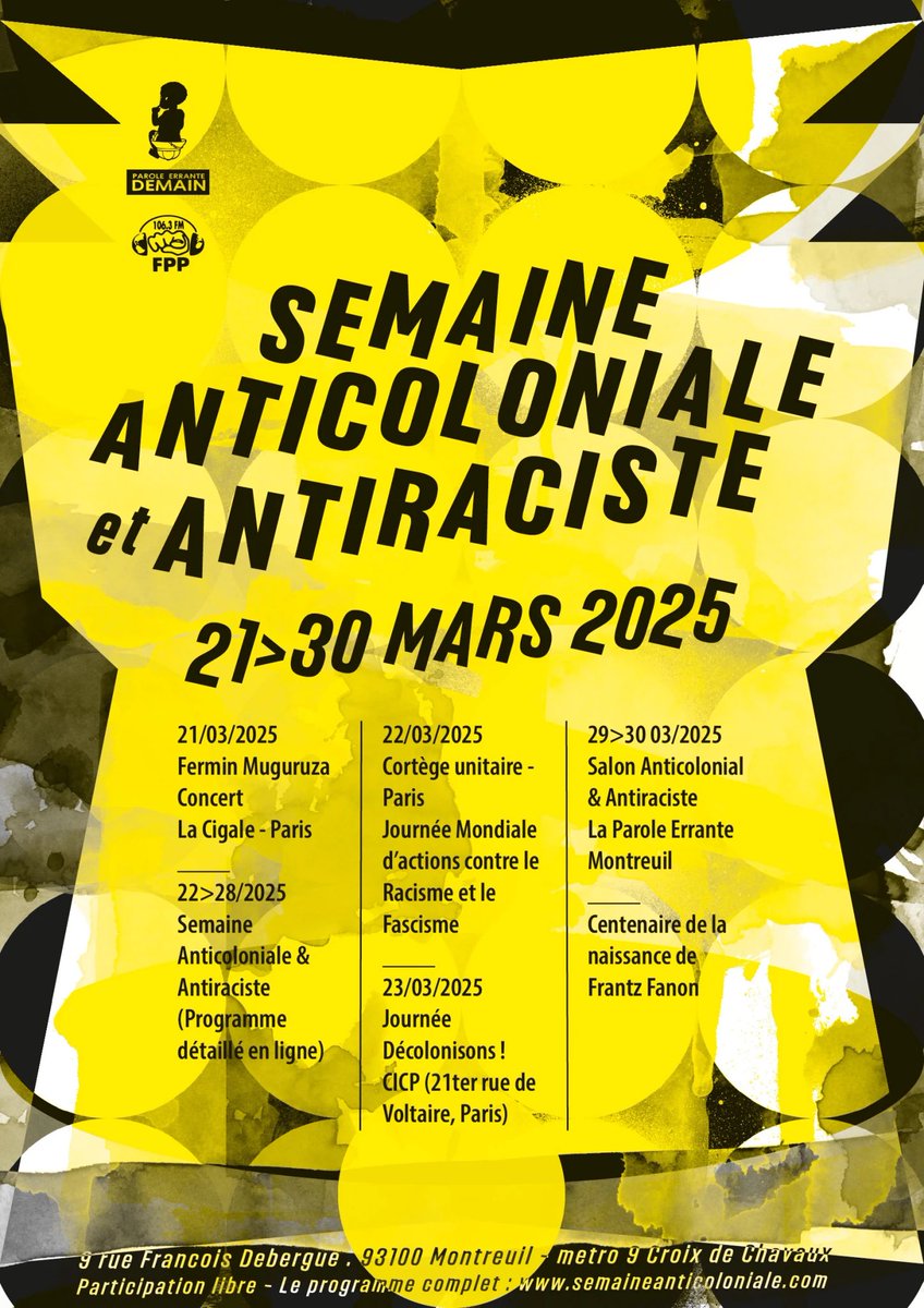 Nous serons présent•es à la semaine anticoloniale et antiraciste avec des films et des discussions: à l’AERI le 25/3 à 19h et à la Parole errante le 29/3 à 15h et le 30/3 à 14h. 
Programme détaillé : semaineanticoloniale.com/programme-de-l…