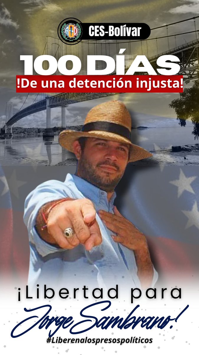 Ya son *100 días* d'la injusta detención d'*Jorge Francisco Sambrano*, Sec.Político del CEM Angostura del Orinoco AD en Resistencia,luchador político y social.
¡Exigimos su libertad, así como la de todos los Presos Políticos!
 _#RendirseNoEsUnaOpción
_#LibertadParaJorgeSambrano