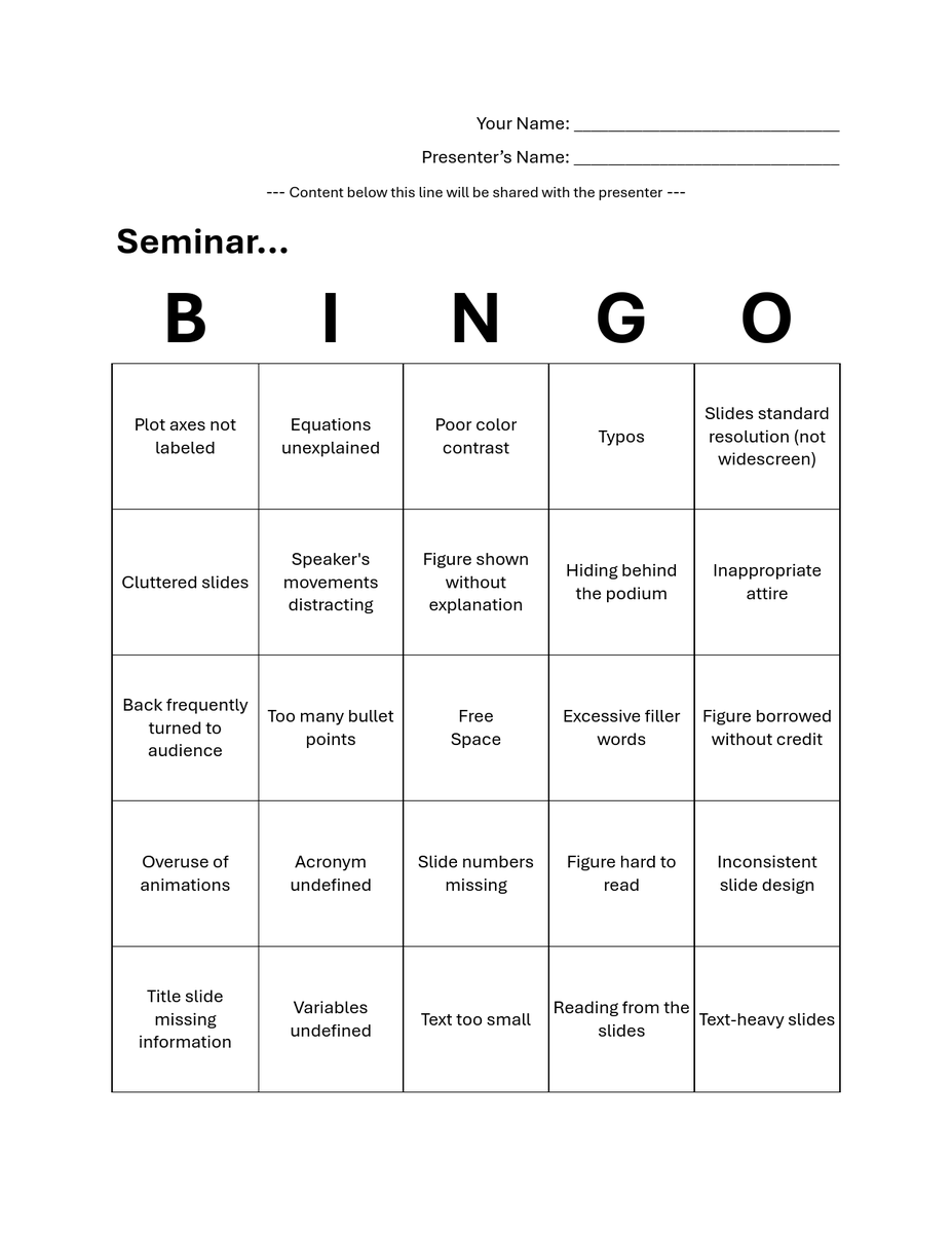 thomasgwong's tweet photo. I wrote a program to make bingo cards containing randomly-ordered, common presentation mistakes. Looking forward to their deployment in @Creighton's #PHY491 #PhysicsSeminar. https://t.co/OBAr4zD03W