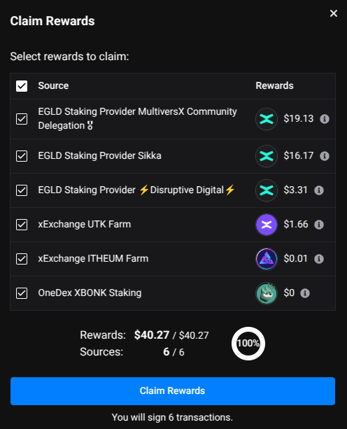 NEW: Claim ALL your rewards at once🔥🔥

The new Claim button allows you to claim ALL your rewards at once:

EGLD staking rewards, Hatom rewards, xExchange  rewards, OneDex rewards, Burnify rewards...

No more need to go on many websites to claim your rewards😎