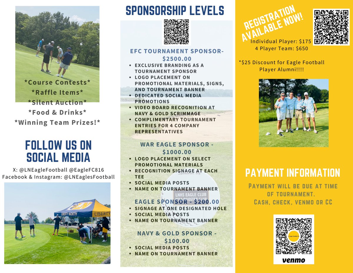 Information for the 8th Annual Liberty North Football Golf Tournament!  If you are interested in golfing, sponsoring, or just volunteering to help, use the QR Code on the filers.  We are excited and hope you can join us for a GREAT EVENT! War 🦅