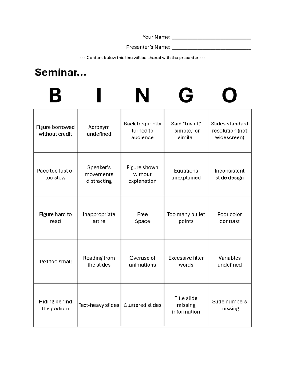 thomasgwong's tweet photo. I wrote a program to make bingo cards containing randomly-ordered, common presentation mistakes. Looking forward to their deployment in @Creighton's #PHY491 #PhysicsSeminar. https://t.co/OBAr4zD03W
