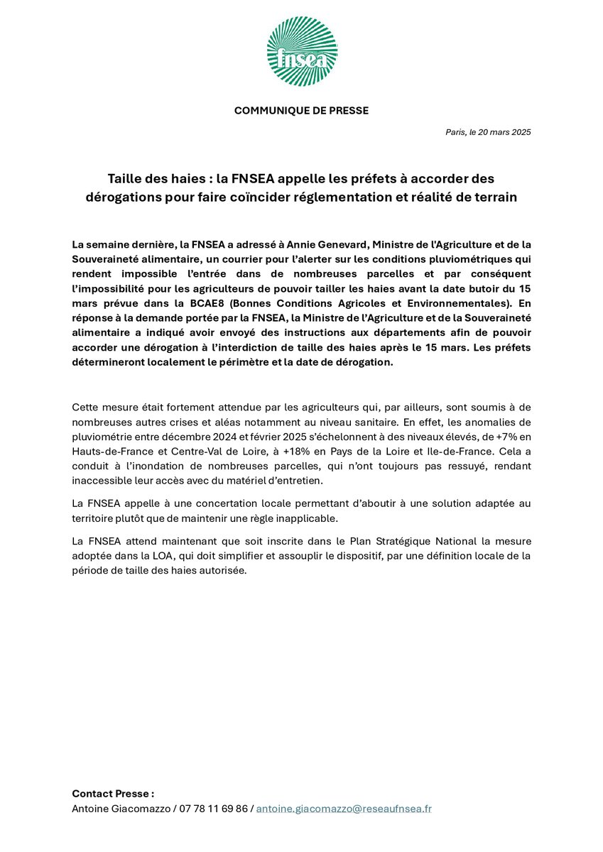 La FNSEA (@fnsea) on Twitter photo Communiqué #FNSEA 🚜| Taille des haies : la FNSEA appelle les préfets à accorder des dérogations pour faire coïncider réglementation et réalité de terrain
👉 La semaine dernière, la #FNSEA a adressé à <a href="/AnnieGenevard/">Annie Genevard</a>, Ministre de l'Agriculture et de la Souveraineté alimentaire, un Communiqué #FNSEA 🚜| Taille des haies : la FNSEA appelle les préfets à accorder des dérogations pour faire coïncider réglementation et réalité de terrain
👉 La semaine dernière, la #FNSEA a adressé à <a href="/AnnieGenevard/">Annie Genevard</a>, Ministre de l'Agriculture et de la Souveraineté alimentaire, un
