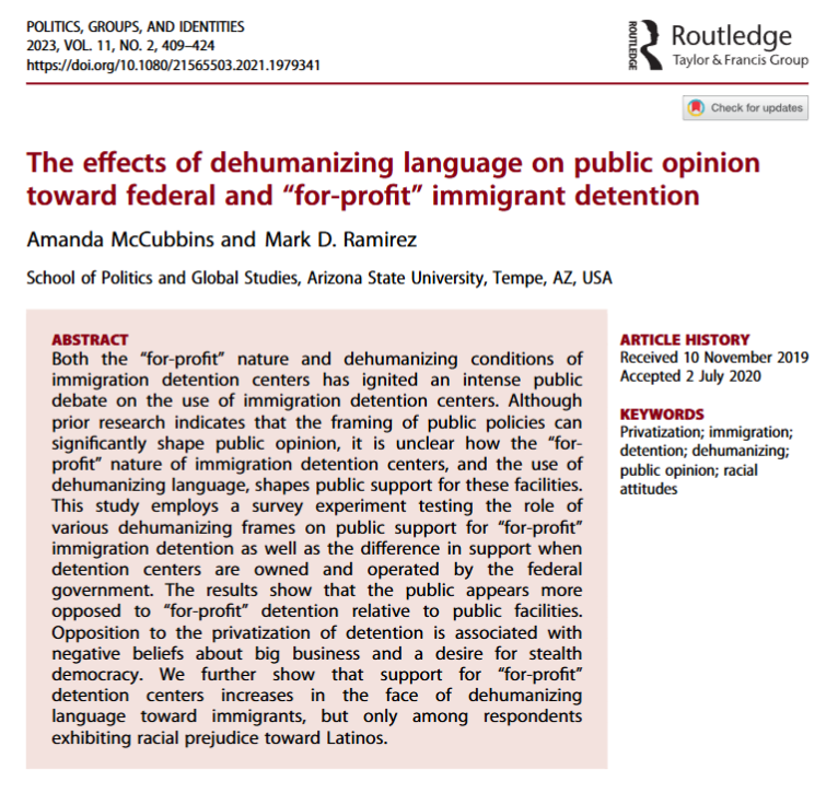 Political Science Research (@poscresearch) on Twitter photo (1/6) Does dehumanizing language against immigrants increase support for immigrant detention? Here’s a 🧵 on what we learn from a <a href="/pgijournal23/">Politics, Groups, and Identities</a> article by Amanda McCubbins & Mark D. Ramirez: tandfonline.com/doi/full/10.10… (1/6) Does dehumanizing language against immigrants increase support for immigrant detention? Here’s a 🧵 on what we learn from a <a href="/pgijournal23/">Politics, Groups, and Identities</a> article by Amanda McCubbins & Mark D. Ramirez: tandfonline.com/doi/full/10.10…