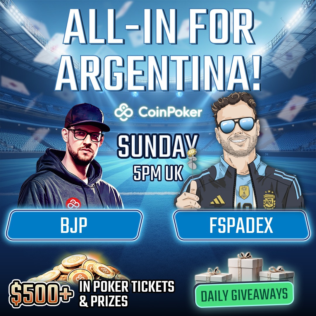 📢 ¡GRAN STREAM DE POKER + SORTEOS! 🎉

🔥 Este domingo 23 de marzo a las 2PM🇦🇷, <a href="/BobbyJamesPoker/">BobbyJamesPoker</a>  &amp; <a href="/FSpadexx/">Facu Gallo</a>  estarán en vivo jugando MTTs enormes, incluyendo los especiales del domingo en CoinPoker!

💰 Más de $500 en premios cuando alcancemos ciertos hitos de espectadores!