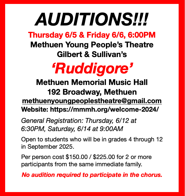 Happy Spring! Spread the word that MYPT will be back for the summer of 2025 with a production of ‘Ruddigore’. Witches, Curses, and G &amp; S, what could be more fun. Join us!!!