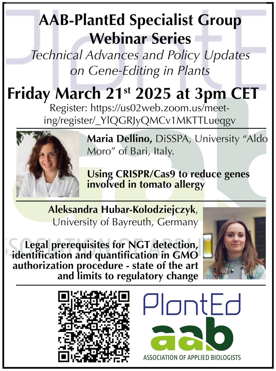 AAB @aabiologists.bsky.social (@aabiologists) on Twitter photo 🚨 AAB-<a href="/COST_PlantEd/">@COST_PlantEd</a> Webinar
Friday March 21st 3pm CET
- Maria Dellino, Using CRISPR/Cas9 to reduce genes involved in tomato allergy
- Aleksandra Hubar-Kolodziejczyk, Legal prerequisites for NGT detection
us02web.zoom.us/meeting/regist… 🚨 AAB-<a href="/COST_PlantEd/">@COST_PlantEd</a> Webinar
Friday March 21st 3pm CET
- Maria Dellino, Using CRISPR/Cas9 to reduce genes involved in tomato allergy
- Aleksandra Hubar-Kolodziejczyk, Legal prerequisites for NGT detection
us02web.zoom.us/meeting/regist…