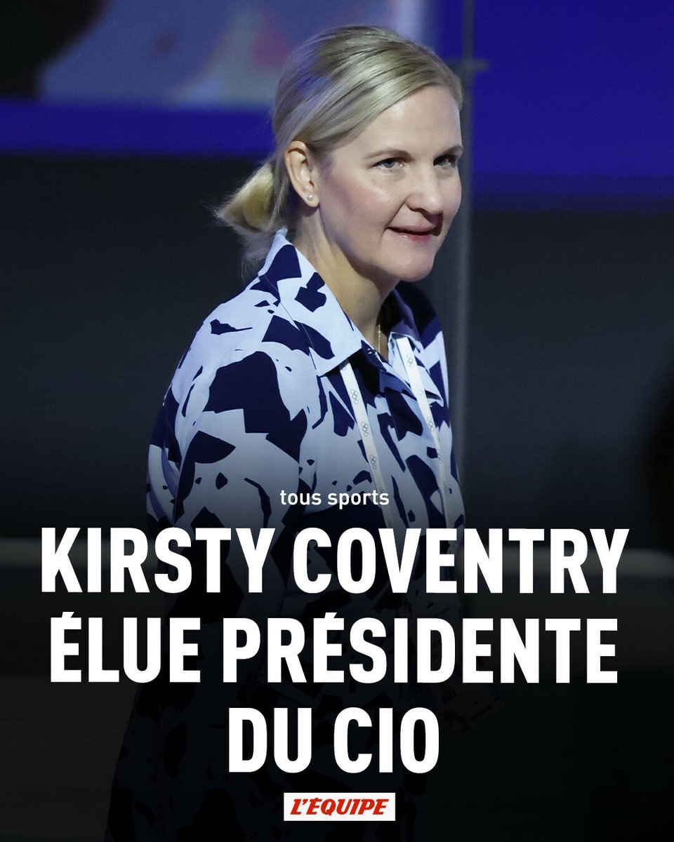 lequipe's tweet photo. Kirsty Coventry élue présidente du CIO, première femme à occuper ce poste

La Zimbabwéenne de 41 ans a été élue présidente du comité international par les membres de la 144e session réunie jeudi à Costa Navarino (Grèce).

➡️ https://t.co/RIffR5ENF2 https://t.co/BkK3u250wb
