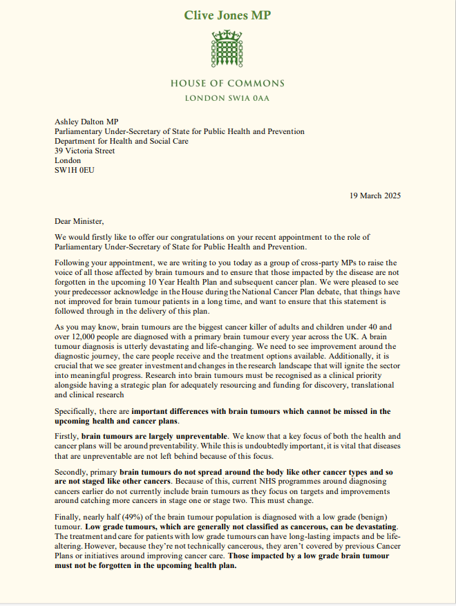 The Brain Tumour Charity (@braintumourorg) on Twitter photo A huge thank you to <a href="/CliveJonesMP/">Clive Jones MP</a> for coordinating 76 MPs for a cross-party letter to the Minister, <a href="/AshleyDalton_MP/">Ashley Dalton MP</a>, on behalf of the brain tumour community. Thank you to every MP who has signed the letter.
#BrainTumourAwarenessMonth A huge thank you to <a href="/CliveJonesMP/">Clive Jones MP</a> for coordinating 76 MPs for a cross-party letter to the Minister, <a href="/AshleyDalton_MP/">Ashley Dalton MP</a>, on behalf of the brain tumour community. Thank you to every MP who has signed the letter.
#BrainTumourAwarenessMonth
