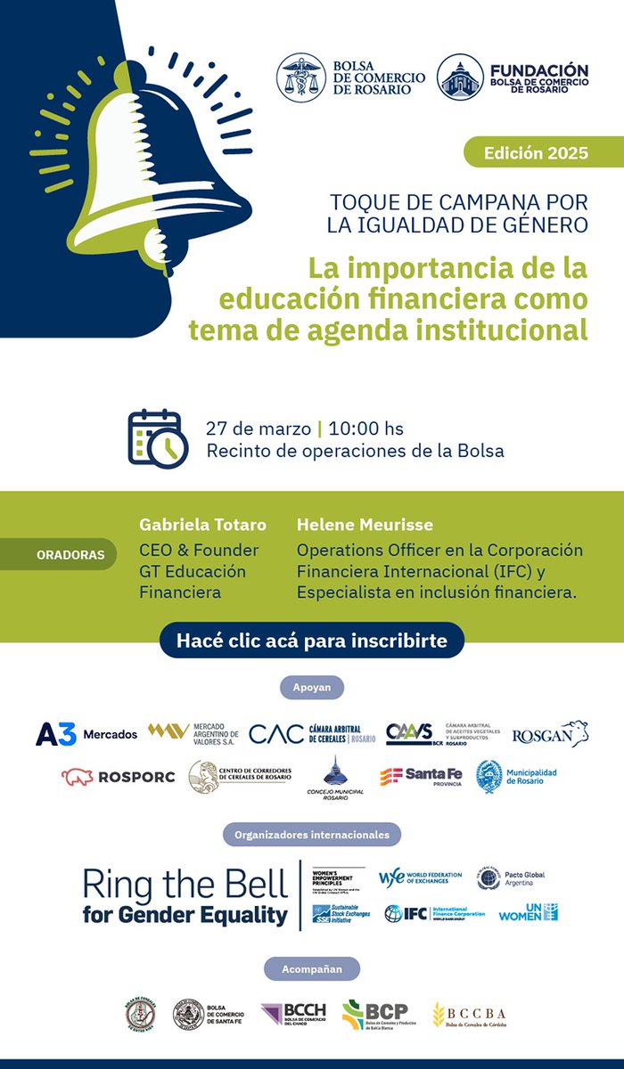 Invitamos al Evento de Toque de Campana 🔔

🗓️ Fecha: 27 de marzo
🕙 Hora: 10.00hs
➡️ Lugar: Recinto de Operaciones BCR (Paraguay 755)

Inscripciones ✍🏻 acortar.link/wBWJ4d