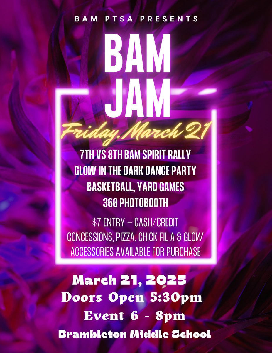 We are super excited for our BAM JAM tomorrow (3/21)! Doors open at 5:30 PM, PEP RALLY begins at 6 PM! First annual <a href="/BAM_MS_Official/">Brambleton Middle</a>  BAM spirit stick is up for grabs! Please come out and be a part of the excitement! Don't miss out, this will be an awesome party!!  Go Bears!!