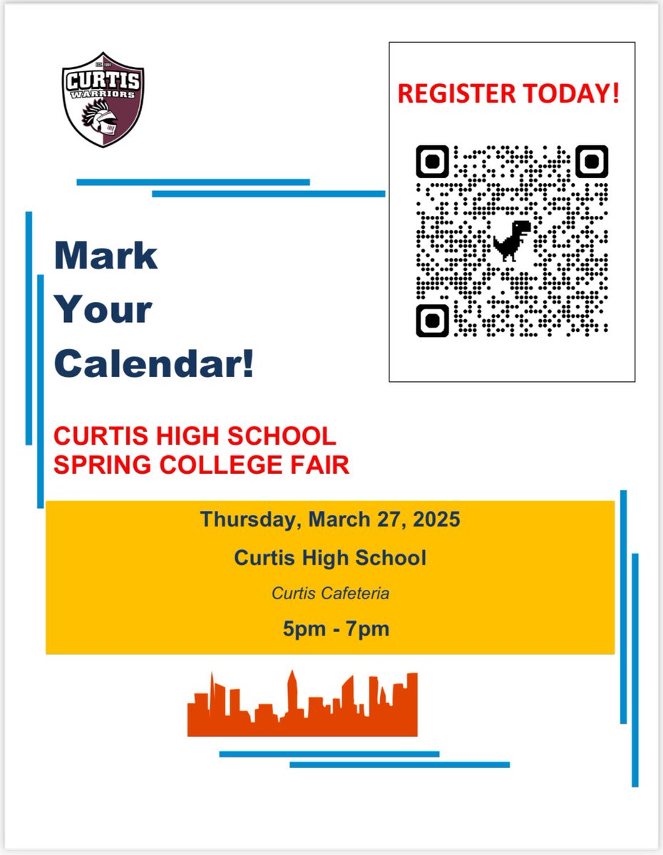 The Curtis HS College Office invites students and families to attend our upcoming Spring College Fair on Thursday, March 27, 2025 from 5 pm - 7 pm in the student cafeteria.