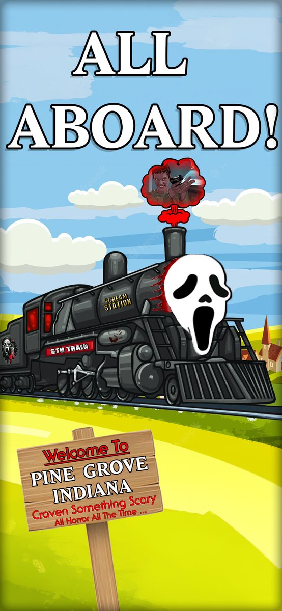 cravenmovies's tweet photo. ALL ABOARD!! The Stu train’s next stop is “Pine Grove” Indiana! Tickets are still available! Get yours at: https://t.co/DhAQa8adzt 

This killer image was created by JT at Deadprints Studio! 

#scream7 #scream #ghostface #stumacher #stutrain https://t.co/eod1iod68x