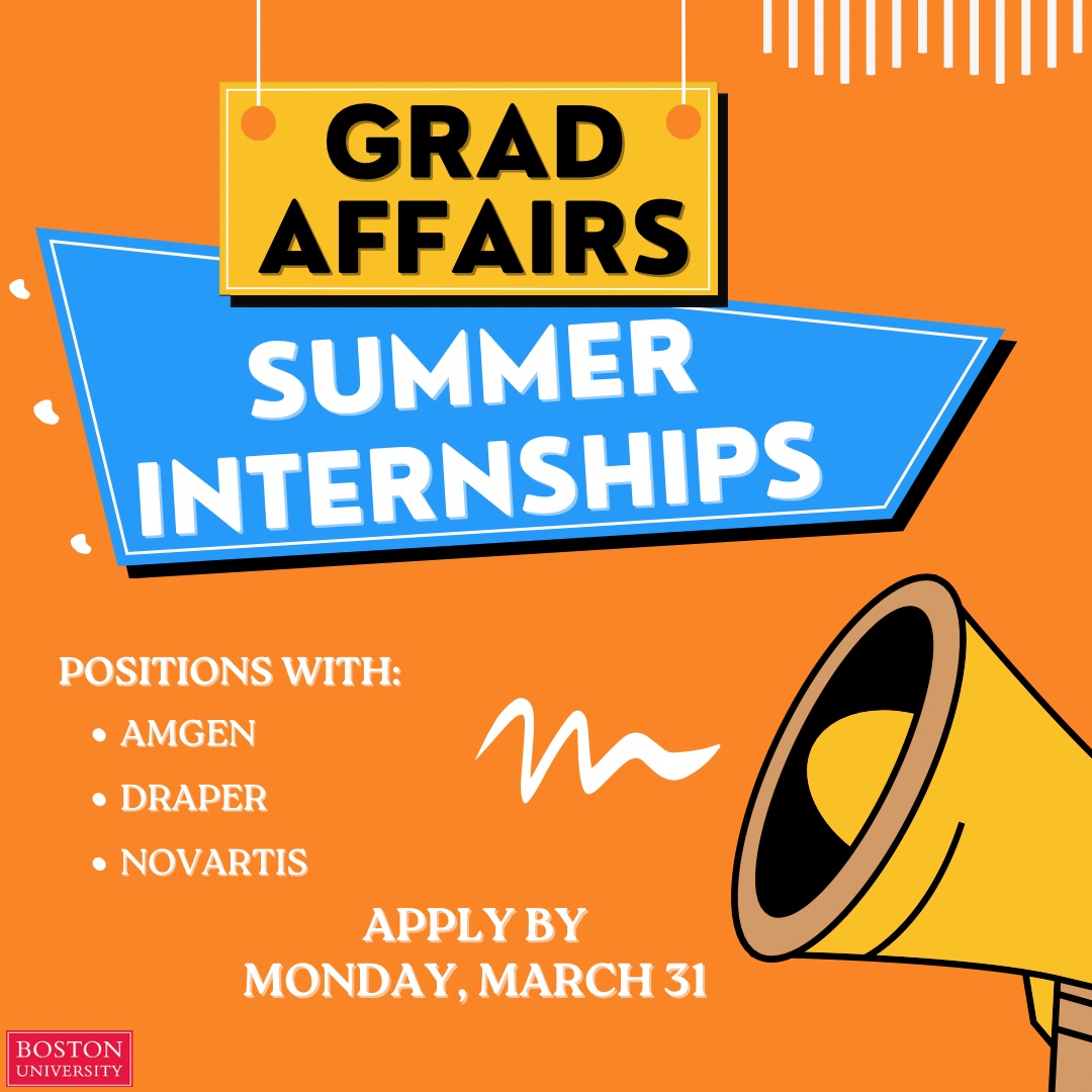 📢 Don't forget about Grad Affairs’ summer internship opportunities! Gain valuable experience with Amgen, Novartis BioMedical Research, and Draper. Apply here: loom.ly/zTh-kEM