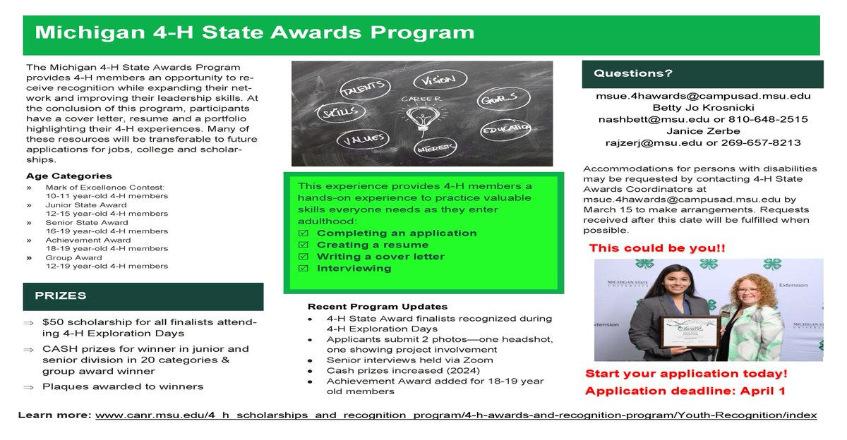 MI4HFoundation's tweet image. The Michigan 4-H State Awards recognizes MI 4-H members for their leadership, learning, & service. It's a valuable tool for future job, college, or scholarship applications.
Do you know someone who should apply? Start here: canr.msu.edu/4_h_scholarshi…