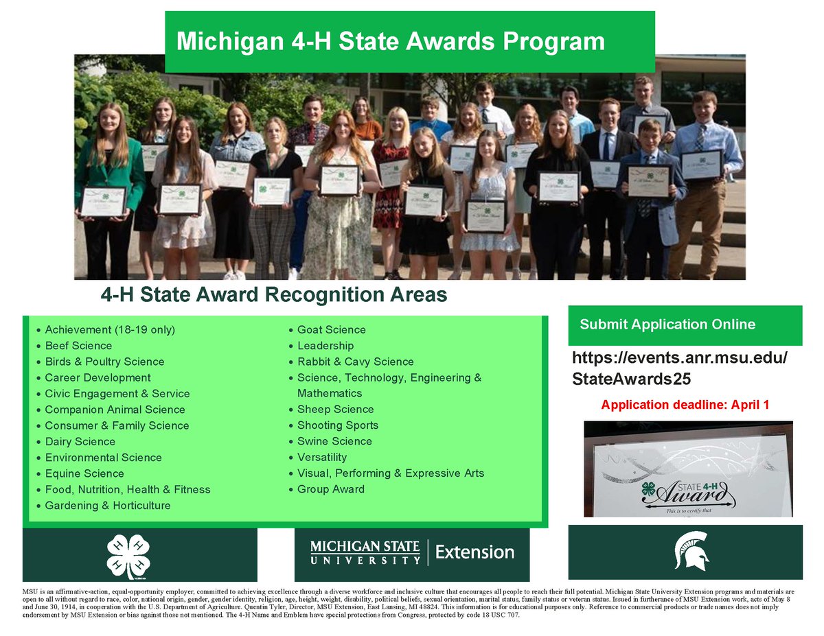 MI4HFoundation's tweet image. The Michigan 4-H State Awards recognizes MI 4-H members for their leadership, learning, & service. It's a valuable tool for future job, college, or scholarship applications.
Do you know someone who should apply? Start here: canr.msu.edu/4_h_scholarshi…