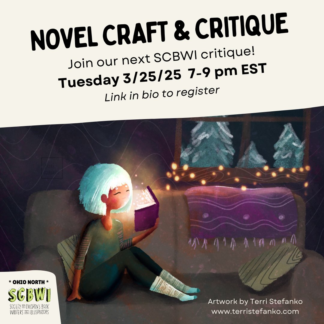 Join #SCBWI OH-North for our March Novel Craft Critique! Tues 3/25 7-9pm. Participants can read some of their MG/YA novel and get feedback. Or listen, learn &amp; give feedback of your own! Register: scbwi.org/events/march-n…

Thanks to terristefanko.com for this month’s art!