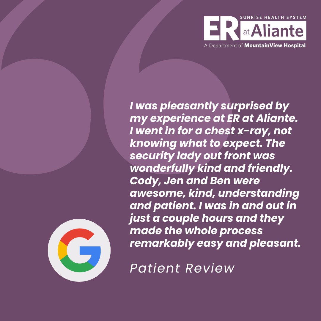 As a freestanding emergency room, ER at Aliante provides hospital-level emergency care with the convenience of a neighborhood location. Thank you for trusting us with your care 💙

#ERatAliante #PatientExperience