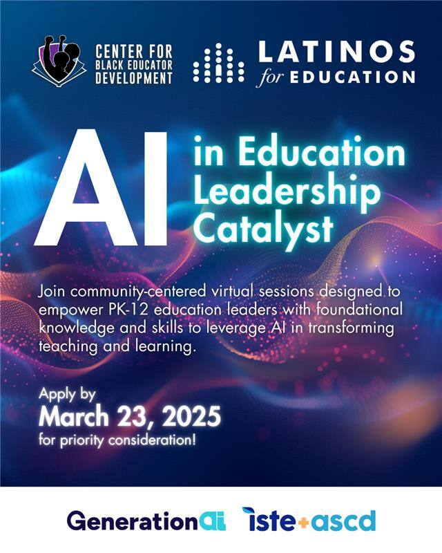 Latinos for Education (@latinos4ed) on Twitter photo ⏳ Time is running out! ⏳
Don’t miss your chance to join the AI in Education Leadership Catalyst. This initiative equips PK-12 education leaders with the tools to harness AI for transformative teaching and learning.
📅 Apply by March 23: hubs.la/Q03cJq_10 <a href="/CenterBlackEd/">Center for Black Educator Development</a> ⏳ Time is running out! ⏳
Don’t miss your chance to join the AI in Education Leadership Catalyst. This initiative equips PK-12 education leaders with the tools to harness AI for transformative teaching and learning.
📅 Apply by March 23: hubs.la/Q03cJq_10 <a href="/CenterBlackEd/">Center for Black Educator Development</a>