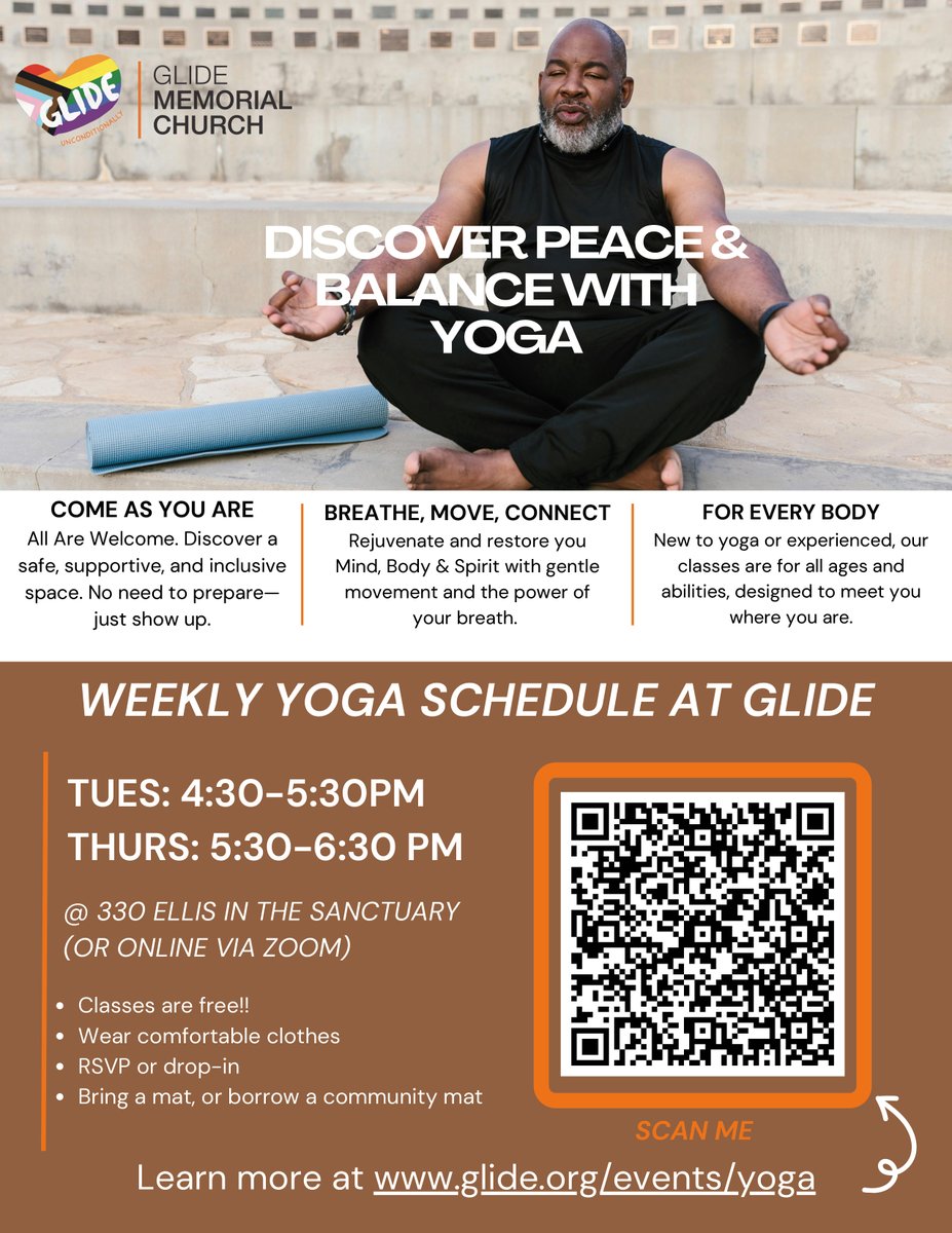 GlideChurch's tweet image. Take a breath. Free yoga at Glide Memorial Church is open to all. No experience needed, just show up.
See comments for details. #GlideChurch