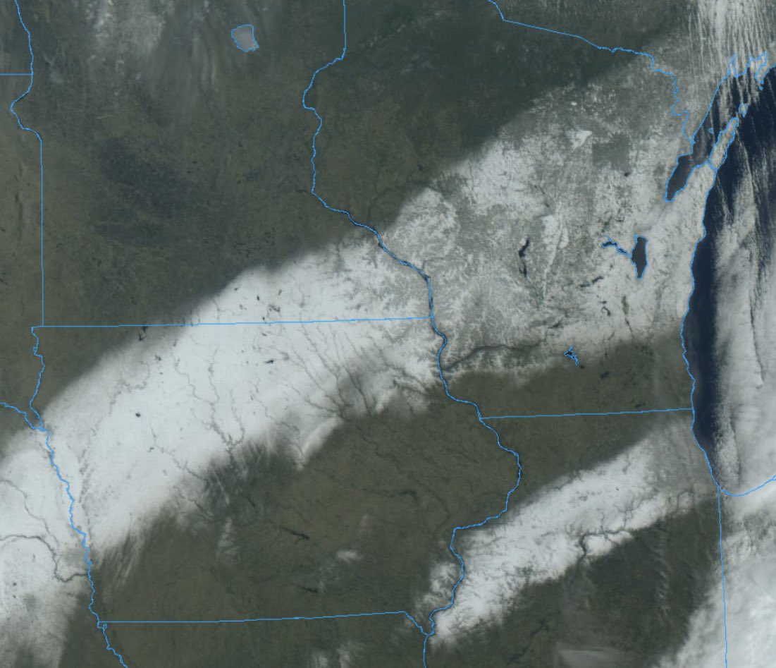 SamKuffelWx's tweet photo. Clear skies across the region means we have a clear satellite view of where the snow fell yesterday and last night. 

Look at that sharp cutoff! https://t.co/wDfmsAudQQ