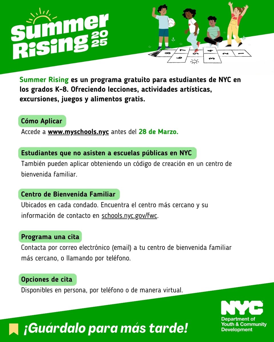 ☀️ Summer Rising is a FREE summer program for NYC students in grades K-8! 

🎒 Learning, arts, field trips, fun, and FREE meals! 

Apply by March 28 at myschools.nyc

Not in a NYC public school? Get your creation code at a Family Welcome Center: schools.nyc.gov/fwc