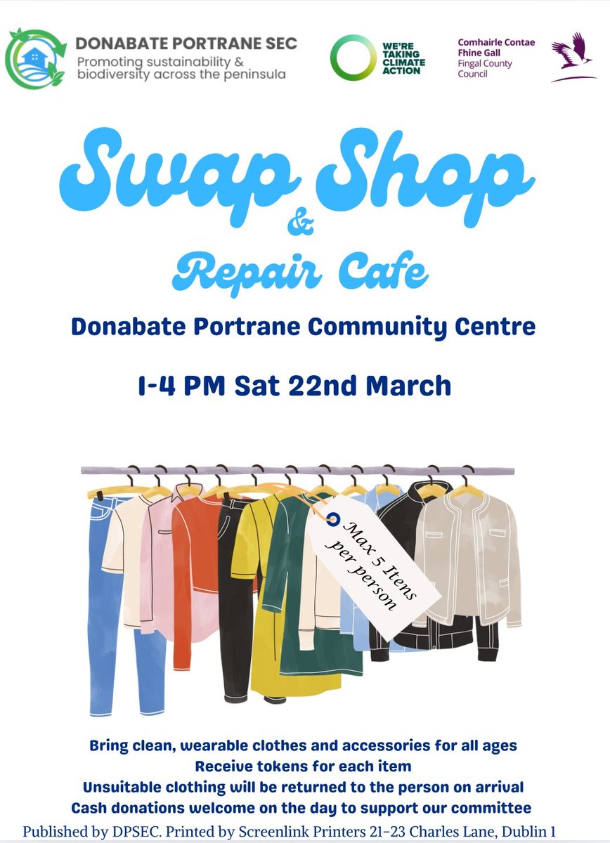 DonabateComCentre (@donabatecomcen) on Twitter photo DPCC in collaboration with Donabate Portrane SEC are running a Swap Shop and Repair Shop this Saturday 22nd March from 1pm to 4pm. Drop in you never know what Preloved clothes you will find, or have a repair done.
Funded by ClimateActionFingal.
<a href="/fingalcommunity/">Fingal Community Development Office</a> <a href="/fingalcommunity/">Fingal Community Development Office</a> DPCC in collaboration with Donabate Portrane SEC are running a Swap Shop and Repair Shop this Saturday 22nd March from 1pm to 4pm. Drop in you never know what Preloved clothes you will find, or have a repair done.
Funded by ClimateActionFingal.
<a href="/fingalcommunity/">Fingal Community Development Office</a> <a href="/fingalcommunity/">Fingal Community Development Office</a>