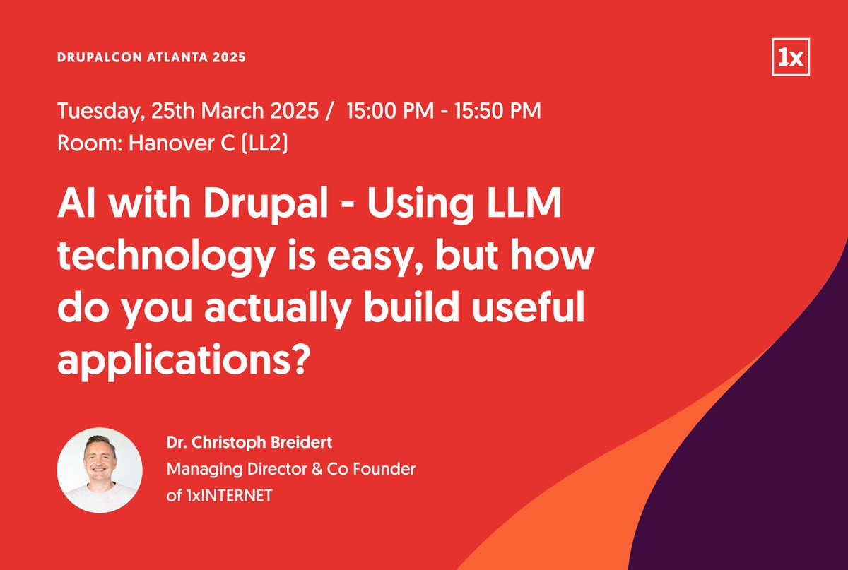 1xINTERNET's tweet image. @breidert will be at #DrupalConAtlanta next week discussing AI with #live #demos 💪
