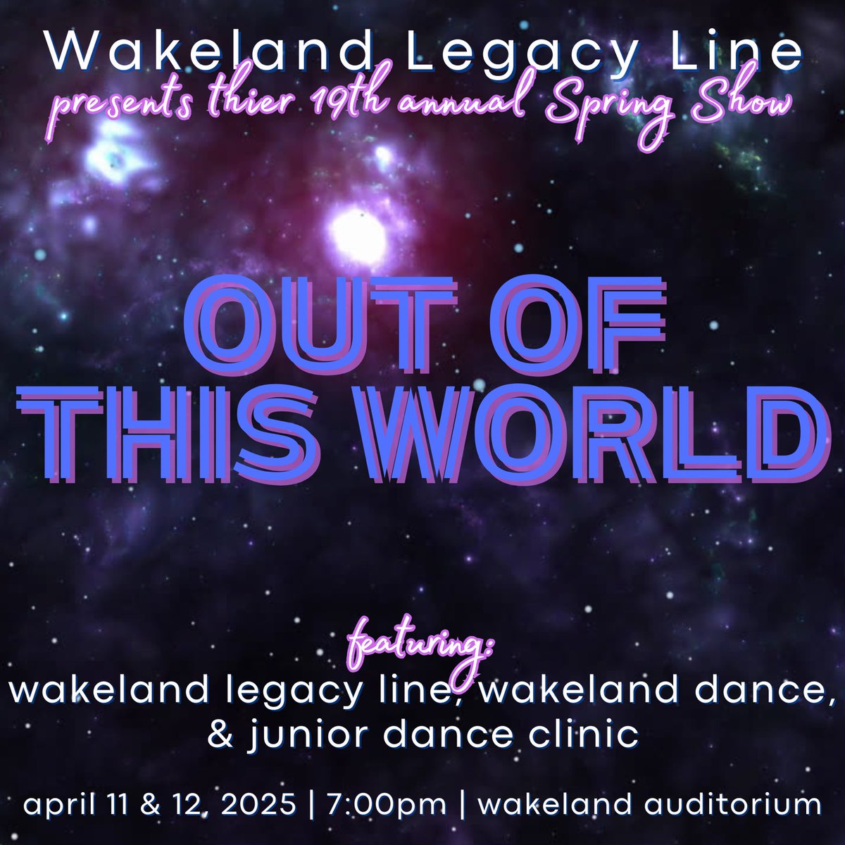 it’s finally here! <a href="/WHSLegacyLine/">Wakeland Legacy Line</a> 19th annual spring show 🪐 OUT  OF  THIS  WORLD 🌒
tickets are on sale now &gt;&gt; link in our bio for tickets and program &amp; flower pre-sales!

<a href="/WakelandHS/">Wakeland High School</a> <a href="/GriffinMSGators/">Griffin MS</a> <a href="/CobbMSCyclones/">Cobb Cyclones</a> <a href="/phms_panthers/">Pioneer Heritage MS</a> <a href="/PurefoyElem/">Purefoy Elementary</a> <a href="/PinkElementary/">Pink Elementary</a> <a href="/FisherElem/">Fisher Elementary</a>